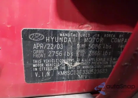 2003 Hyundai Santa Fe Gls/Lx from USA, damaged, VIN KM8SC13E33U523633